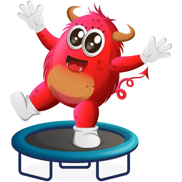 可爱的红色怪物玩蹦床游戏 适合儿童 小企业或电子商务 商品和贴纸 横幅促销 博客或Vlog Channe — 图库矢量图片