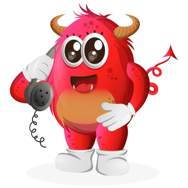 Monstruo Rojo Lindo Coge Teléfono Respondiendo Llamadas Telefónicas Perfecto Para — Vector de stock