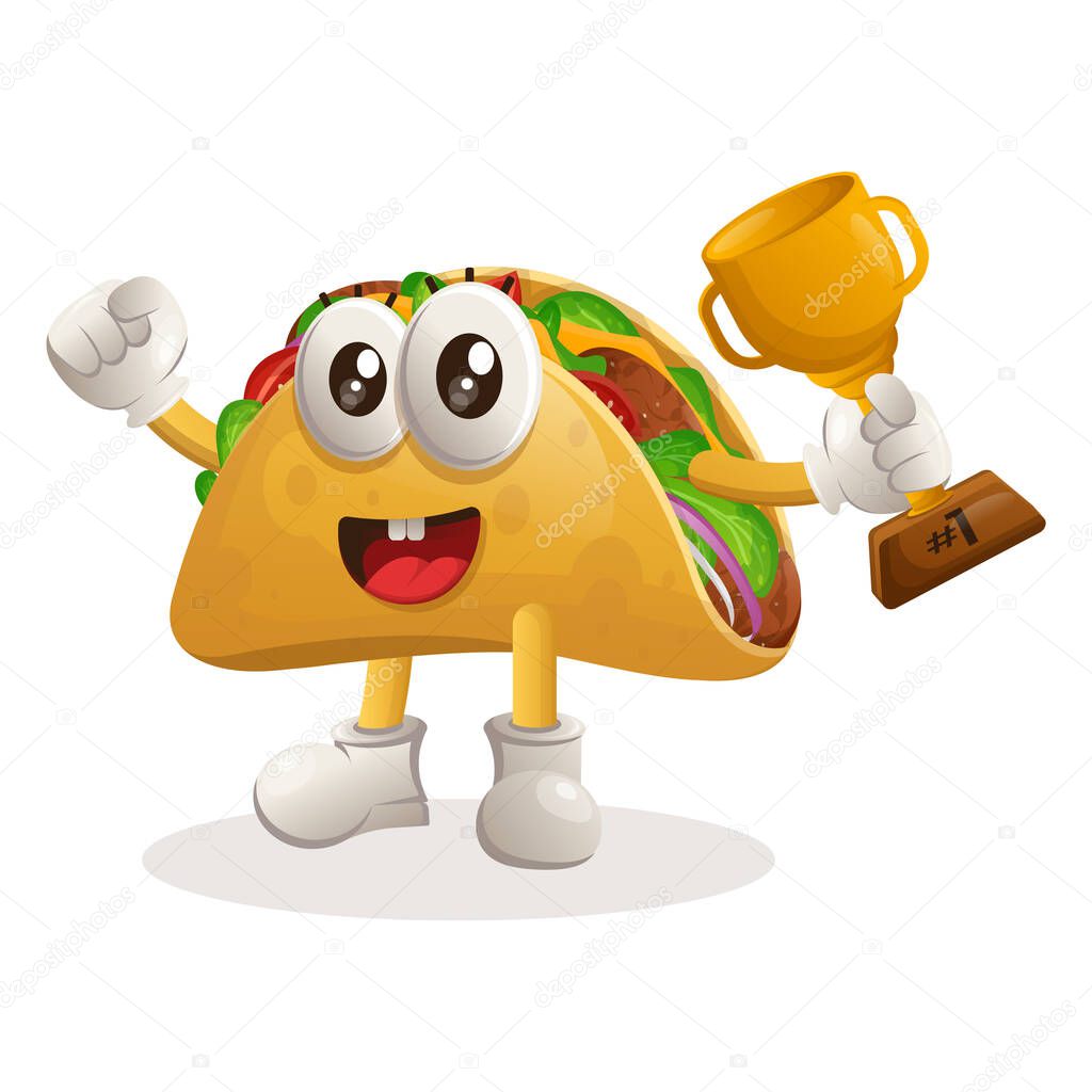 Cute taco winning award and celebrating success. Perfect for food store, small business or e-Commerce, merchandise and sticker, banner promotion, food review blog or vlog channe