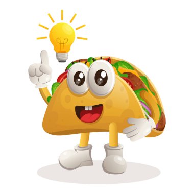 Şirin taco maskotunun bir fikri var, ampul fikri, ilham. Gıda mağazası, küçük işletme veya e-ticaret, ürün ve çıkartma, pankart tanıtımı, yemek eleştiri blogu veya vlog channe için mükemmel