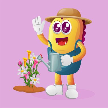 Bitkilerle ilgilenen sevimli sarı canavar bahçıvanlığı. Çocuklar için mükemmel, küçük işletme veya e-ticaret, mal ve çıkartma, pankart tanıtımı, blog veya vlog channe