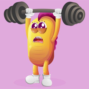 Halter kaslı sevimli sarı canavar vücut geliştirme. Çocuklar için mükemmel, küçük işletme veya e-ticaret, mal ve çıkartma, pankart tanıtımı, blog veya vlog channe