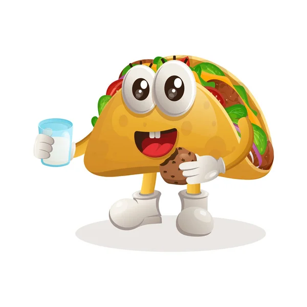 Mascote Taco Bonito Beber Leite Comer Biscoito Perfeito Para Loja — Vetor de Stock