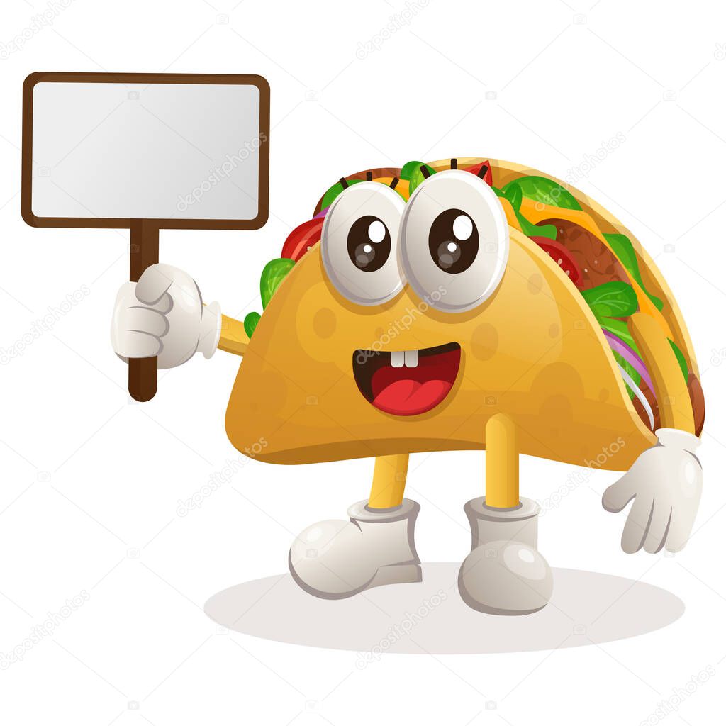 Cute taco mascot holding billboards for sale. Perfect for food store, small business or e-Commerce, merchandise and sticker, banner promotion, food review blog or vlog channe