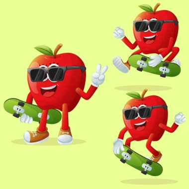 Şirin elma karakterleri kaykay seti. Çocuklar, ürünler ve çıkartmalar için mükemmel, afiş promosyonu veya blo