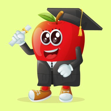 Mezuniyet şapkası takan ve diploma tutan sevimli bir elma karakteri. Çocuk için mükemmel.