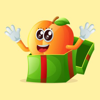 Hediye kutusunda sevimli kayısı karakteri beliriyor. Çocuklar, eşyalar ve yapışkanlar için mükemmel.