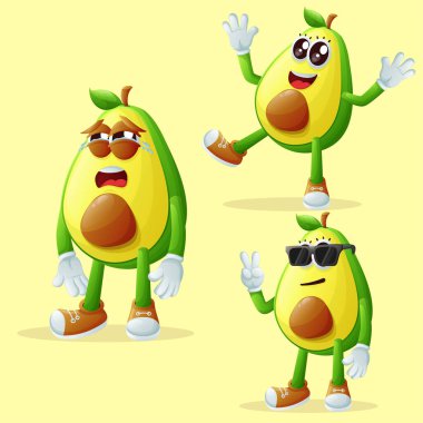 Yüz ifadeleri olan bir grup avokado karakteri. Çocuklar, ürünler ve çıkartmalar için mükemmel, afiş promosyonu veya blo