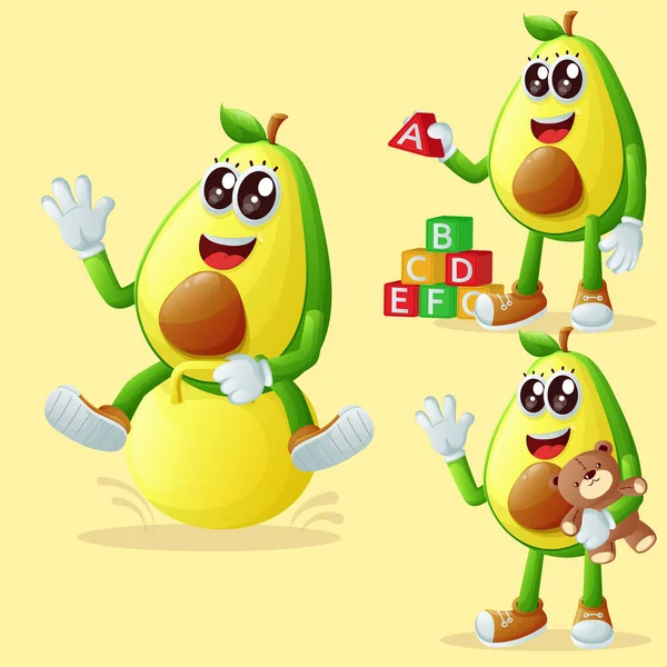 stock vector Set of cute avocado characters playing with kid toys. Perfect for kids, merchandise and sticker, banner promotion or blo