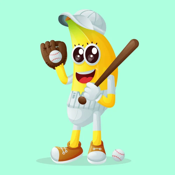귀여운 바나나 캐릭터가 야구를 있습니다 아이들 스티커 프로모션이나 — 스톡 벡터