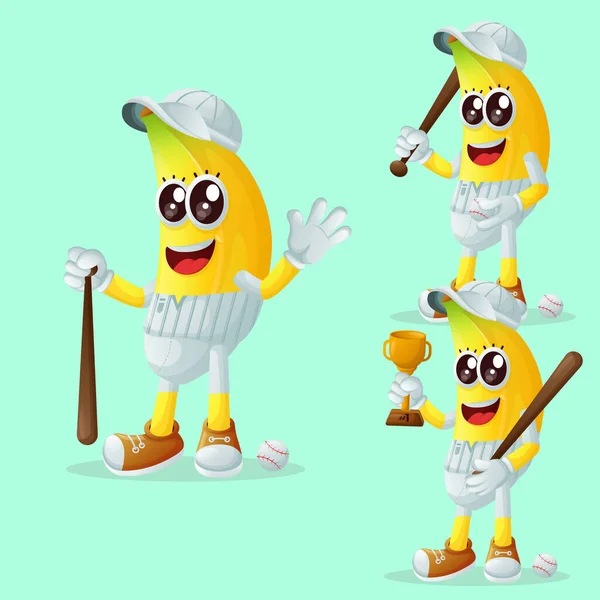 Set Cute Banana Characters Playing Baseball Perfect Kids Merchandise Sticker — Stock Vector