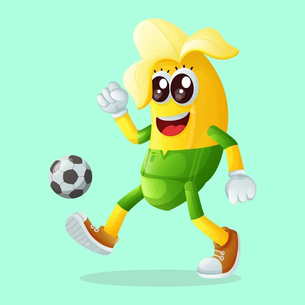 Симпатичный Банановый Персонаж Играет Футбол Перфект Детей Мерчандайз Болтовня Реклама — стоковый вектор