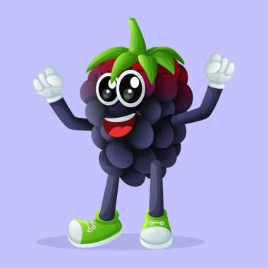 Sevimli böğürtlen karakteri eliyle zafer işareti yapıyor. Çocuklar, ürünler ve çıkartmalar için mükemmel, afiş promosyonu veya blo