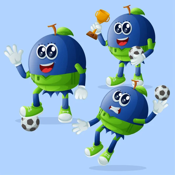 Set Cute Blueberry Characters Playing Soccer Perfect Kids Merchandise Sticker — Stock Vector