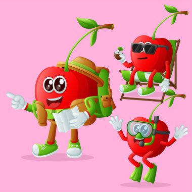 Tatildeki bir grup şirin kiraz karakteri. Çocuklar, ürünler ve çıkartmalar için mükemmel, afiş promosyonu veya blo