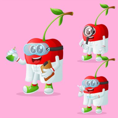 Bilim adamı olarak bir grup şirin kiraz karakteri. Çocuklar, ürünler ve çıkartmalar için mükemmel, afiş promosyonu veya blo