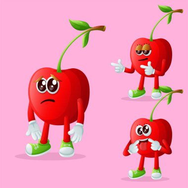 Farklı yüz ifadeleri olan bir grup şirin kiraz karakteri. Çocuklar, eşyalar ve yapışkanlar için mükemmel.