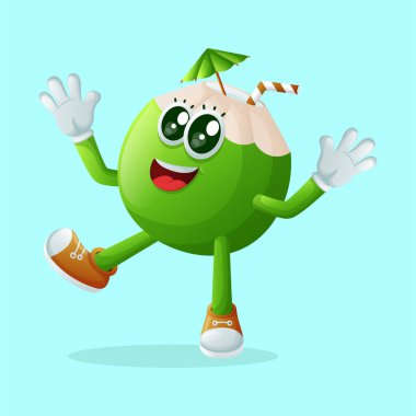 Mutlu bir ifadeyle gülümseyen sevimli hindistan cevizi karakteri. Çocuklar, eşyalar ve yapışkanlar için mükemmel.