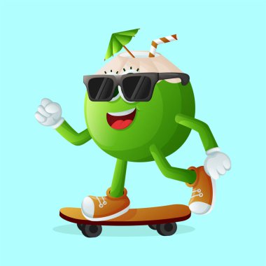 Hindistan cevizli şirin kaykay karakteri. Çocuklar, ürünler ve çıkartmalar için mükemmel, afiş promosyonu veya blo