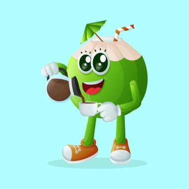 Tatlı hindistan cevizi karakteri kahve dolduruyor. Çocuklar, ürünler ve çıkartmalar için mükemmel, afiş promosyonu veya blo