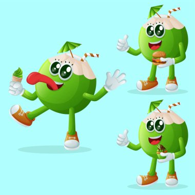 Sevimli hindistan cevizi karakterleri yemekten zevk alıyor. Çocuklar, ürünler ve çıkartmalar için mükemmel, afiş promosyonu veya blo