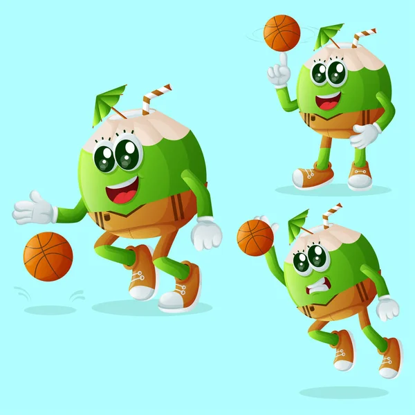 Sada Roztomilých Kokosových Postav Hrajících Basketbal Ideální Pro Děti Zboží — Stockový vektor