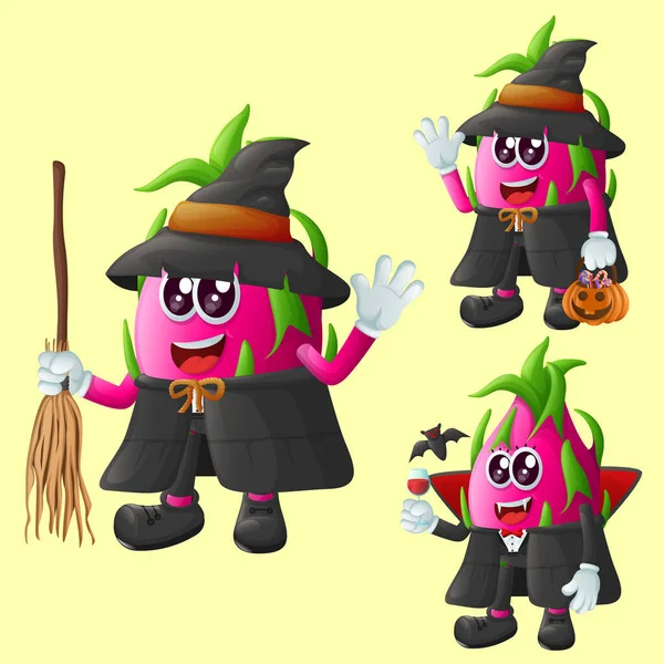 Set Cute Dragon Fruit Characters Halloween Perfect Kids Merchandise Sticker — Stock Vector
