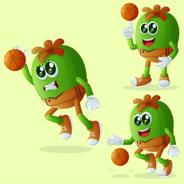 Basketbol oynayan sevimli Feijoa karakterleri. Çocuklar, ürünler ve çıkartmalar için mükemmel, afiş promosyonu veya blo