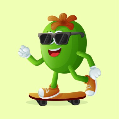 Şirin Feijoa karakteri kaykay yapıyor. Çocuklar, ürünler ve çıkartmalar için mükemmel, afiş promosyonu veya blo