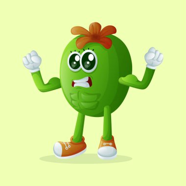 Şirin Feijoa karakteri kaslarını gösteriyor. Çocuklar, ürünler ve çıkartmalar için mükemmel, afiş promosyonu veya blo