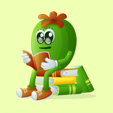 Tatlı Feijoa karakteri gözlük takıp kitap okuyor. Çocuklar, ürünler ve çıkartmalar için mükemmel, afiş promosyonu veya blo