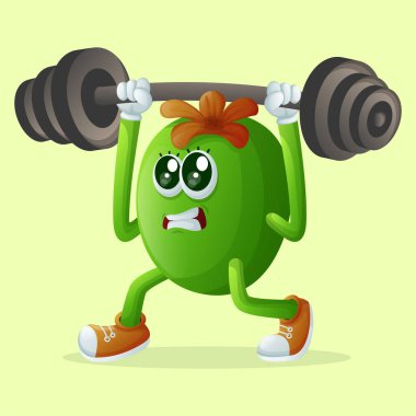 Tatlı Feijoa karakteri ağırlık kaldırıyor. Çocuklar, ürünler ve çıkartmalar için mükemmel, afiş promosyonu veya blo