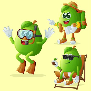 Tatilde olan sevimli guava karakterleri. Çocuklar, ürünler ve çıkartmalar için mükemmel, afiş promosyonu veya blo