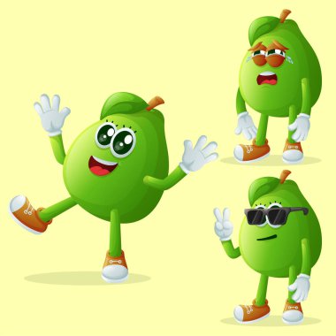 Yüz ifadeleri olan bir grup guava karakteri. Çocuklar, ürünler ve çıkartmalar için mükemmel, afiş promosyonu veya blo