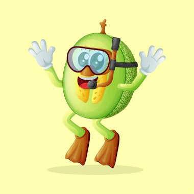 Ballı kavun karakteri şnorkelle yüzüyor. Çocuklar, ürünler ve çıkartmalar için mükemmel, reklam oranları