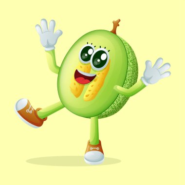 Mutlu bir ifadeyle gülümseyen kavun karakteri. Çocuklar, ürünler ve çıkartmalar için mükemmel, reklam oranları