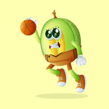 Ballı kavun karakteri basket topunu batırıyor. Çocuklar, ürünler ve çıkartmalar için mükemmel, reklam oranları