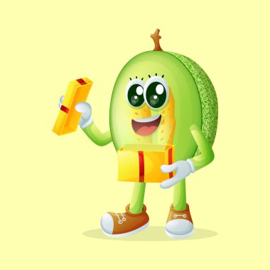 Ballı kavun karakteri hediyesini açıyor. Çocuklar, ürünler ve çıkartmalar için mükemmel, reklam oranları