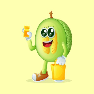 Ballı kavun karakteri mağaza çantası ve indirim kuponu tutuyor. Çocuklar, ürünler ve çıkartmalar için mükemmel, reklam oranları