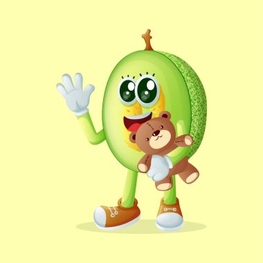 Ballı kavun karakteri oyuncak ayıyla oynuyor. Çocuklar, ürünler ve çıkartmalar için mükemmel, reklam oranları