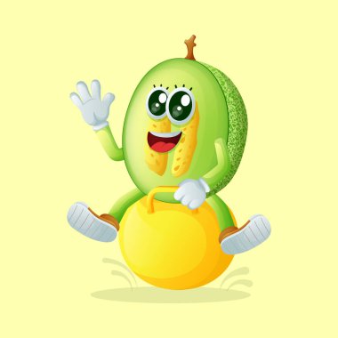 Ballı kavun karakteri zıplayan topla oynuyor. Çocuklar, ürünler ve çıkartmalar için mükemmel, reklam oranları