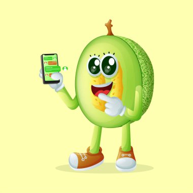 Ballı kavun karakteri elinde akıllı telefon ve mesaj tutuyor. Çocuklar, ürünler ve çıkartmalar için mükemmel, reklam oranları