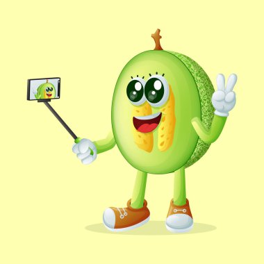 Ballı kavun karakteri akıllı telefonuyla selfie çekiyor. Çocuklar, ürünler ve çıkartmalar için mükemmel, reklam oranları