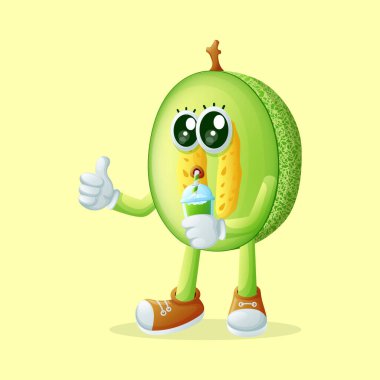 Ballı kavun karakteri yeşil smoothie içiyor. Çocuklar, ürünler ve çıkartmalar için mükemmel, reklam oranları