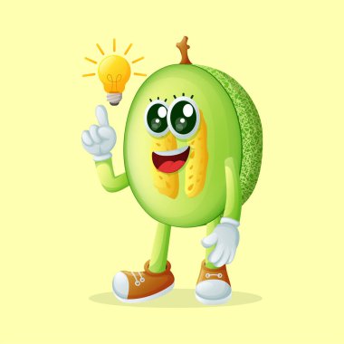  Ballı kavun karakteri ampulle düşünüyor. Çocuklar, ürünler ve çıkartmalar için mükemmel, reklam oranları