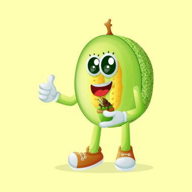 Elinde kek tutan ballı kavun karakteri. Çocuklar, ürünler ve çıkartmalar için mükemmel, reklam oranları