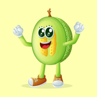 Ballı kavun karakteri zafer işareti yapıyor. Çocuklar, ürünler ve çıkartmalar için mükemmel, reklam oranları