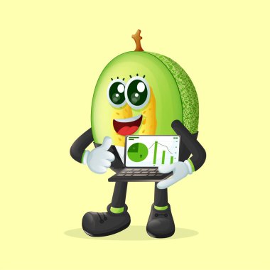Ballı kavun karakteri elinde grafiklerle dizüstü bilgisayar tutuyor. Çocuklar, ürünler ve çıkartmalar için mükemmel, reklam oranları