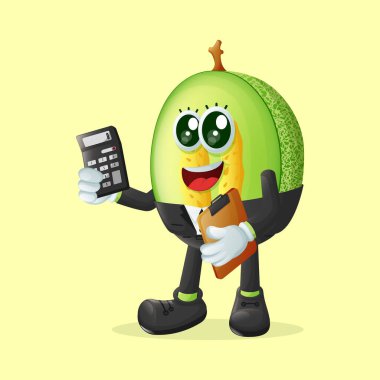 Hesap makinesi kullanan bir kavun karakteri. Çocuklar, ürünler ve çıkartmalar için mükemmel, reklam oranları