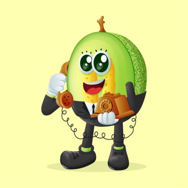 Telefona bakan kavun karakteri. Çocuklar, ürünler ve çıkartmalar için mükemmel, reklam oranları